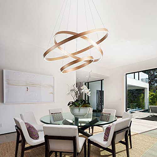 Image of MADEM Modern LED Chandelier 3-Ring Circular Dimmable Pendant Light,Gold | Contempoary Chanderlier Flush Mount Pendant Lighting for Living Room Dining Room, Bedroom,3000K-6000K