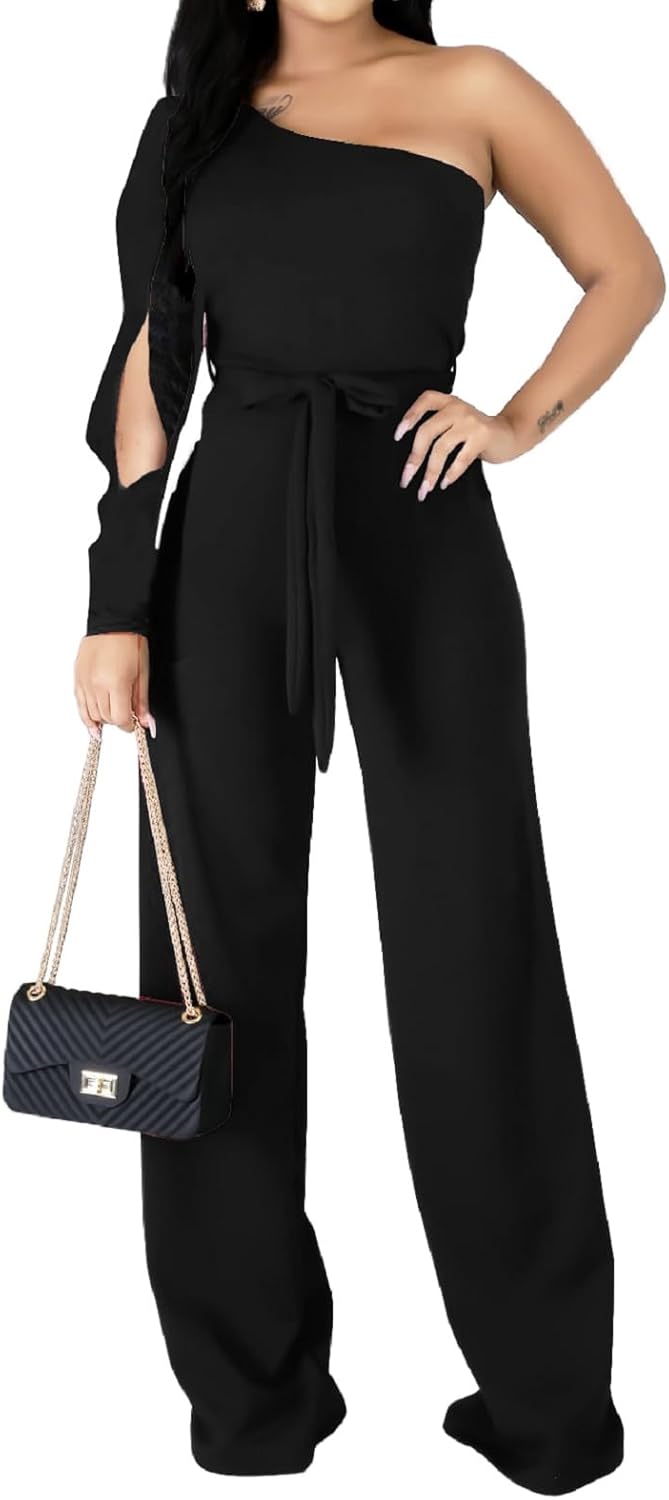 CuteCherry Women Elegant Jumpsuits For Elegant One Sleeve Sexy Straight Long Pants Rompers With Pockets - Image 3