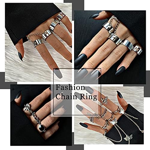 CASSIECA Vintage Silver Punk Chain Rings Set for Women Men Girls Cool Goth Rings Adjustable Chunky Chain Finger Ring Stackable Gothic Knuckle Rings Snake Butterfly Black Signet Ring Y2K Open Ring Pack