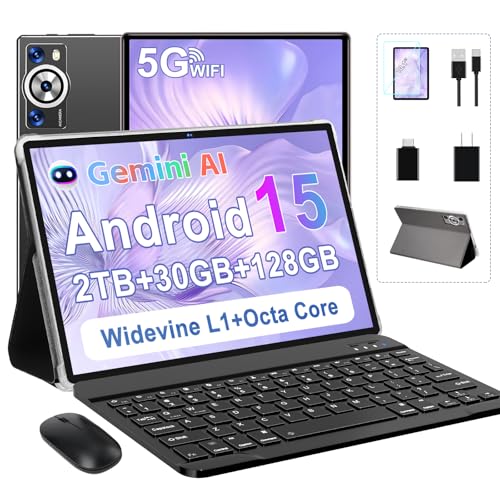 DEERTiME Android 15 Tablet 30GB RAM 128GB ROM 2TB TF, 2025 Electronics Tablets 10.1 Inch 8000mAh with Keyboard Mouse, 2.0GHz, 5G WiFi, BT 5.0, GMS Certified, Incell Display, Gemini AI - Metal Black