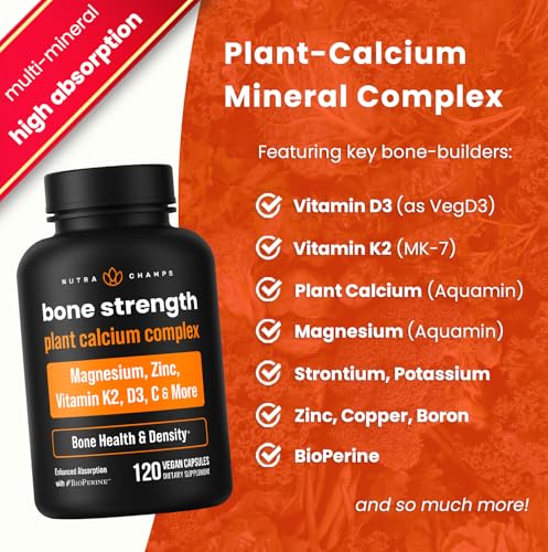 NutraChamps Bone Strength Supplements, Plant Based Calcium Supplement 600mg, Vitamin D3 2000 IU, K2, Magnesium, Potassium, Zinc, Boron & Strontium, 120 Vegan Capsules - Thumbnail 3