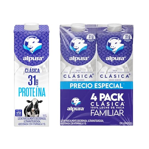 Alpura Leche Clásica 100% leche de vaca Ultrapasteurizada en Paquete de 4 Piezas de 1 Litro cada una, Fuente de Calcio y Proteína, adicionada con vitaminas A y D.