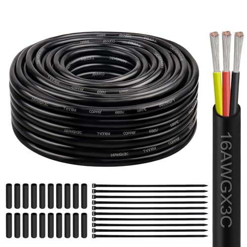 Image of 16 Gauge 3 Conductor Electrical Wire, 16 AWG Tinned Copper Stranded PVC Cable, Waterproof /Flexible /Low Voltage Extension Cord for Automotive, Marine, Solar, LED Lighting (50FT)
