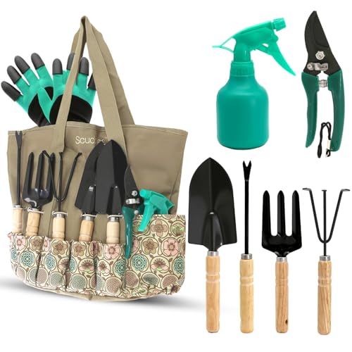 Scuddles Heavy Duty Garden Tool Bag with Stainless Steel Hand Tools, Non Slip Rubber Grip Wooden Handles, Garden Gloves with Fingertip Claws, Reinforced Tote for Planting, Pruning, Landscaping