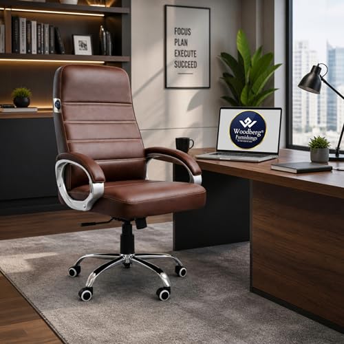 Image of Zen Executive Ergonomic Office Chair for Work from Home | Leatherette Revolving Chair with 360 Swivel, Chrome Base & Cushioned Seat (Brown, High Back)