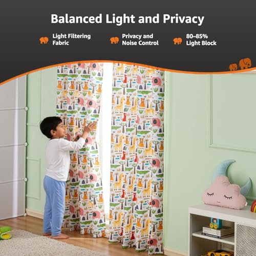 Image of Amazon Basics - Kids Room Darkening Digital Printed Door Curtains, 80-85% Room Darkening | 7 Feet |Set of 2| Digital Print | Kids Curtain |for Living Room and Bedroom | 115cmx 210cm, Design-Elephant