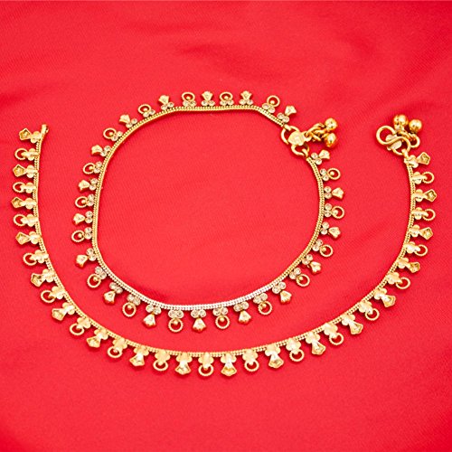 Image of Duel On Jewel Gold Payal Set for Women, Indian Paayal Jhanjar Chain Anklets with Bell Detail, Foot Jewelry Pair, 10 Inch Comfort Fit, Traditional & Dainty Styles for Wedding Beach Everyday Gift