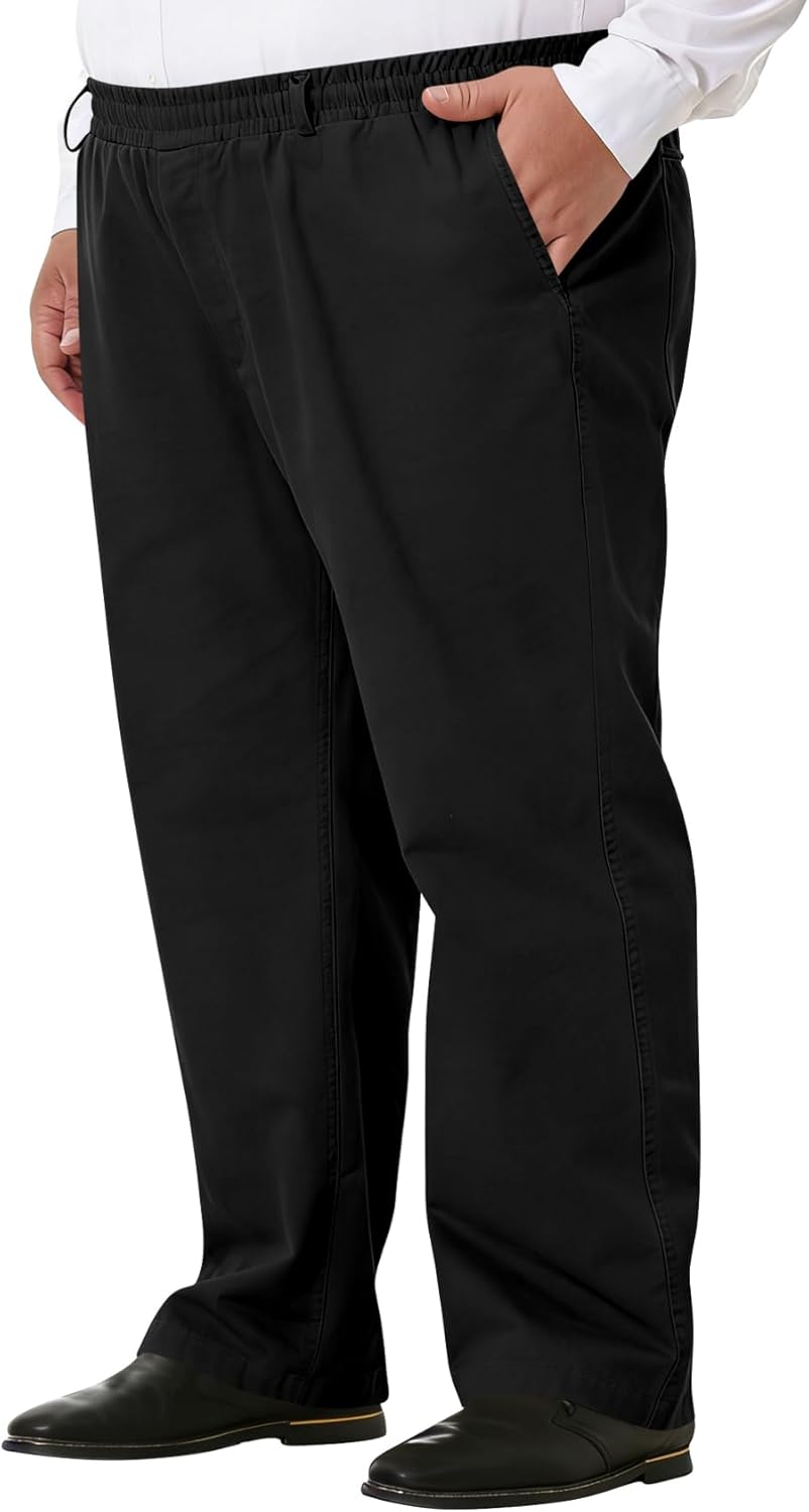 LETAOTAO Men's Big and Tall Cotton Relaxed Soft Fit Twill Pants Elasticized Comfort Waistband with Zipper Fly and Pockets