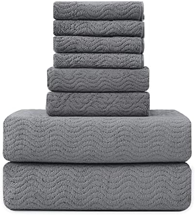 Ultra Soft 8 Piece Textured Bath Towel Set for Bathroom Shower Pool, Kitchen, Quick Dry, Lightweight Highly Absorbent - 2 Oversized Bath Towel Sheets, 2 Hand Towels, 4 Washcloths - Dark Gray