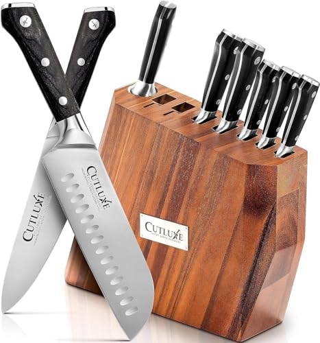 CUTLUXE 8-teiliges Messerblock – Kochmesser, Santoku Messer, Fleischmesser und Mehr – Hochwertigem Kohlenstoffstahl, Volltang-Design, Messerset mit Block aus Natürliches Akazienholz, Artisan Serie