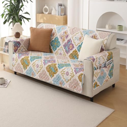 Image of HOKIPO 'VivaCasa Series' Polyester 2 Seater Quilted Sofa Cover with Pockets, Quatrefoil Multicolor (NEW-IN-739-D5)