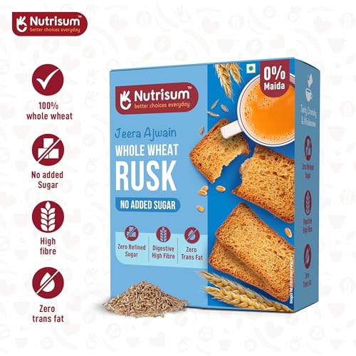 Image of Nutrisum Premium Whole Wheat Rusk Jeera & Ajwain Flavour, High Fiber, Refined Sugar Free, Tea Toasts 180 gms (Pack of 4)