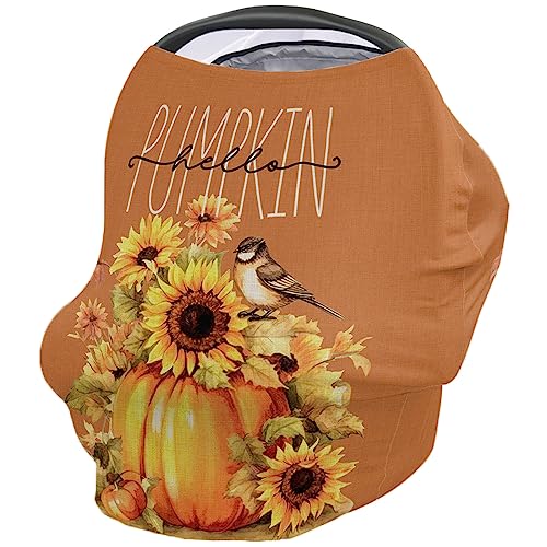 Nursing Cover for Breastfeeding Scarf, Pumpkin Sunflower Bird Thanksgiving Baby Car Covers Super Soft Multi Use for Canopy Shopping Cart Cover Blanket Stroller Cover