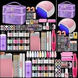 Acrylic Nail Kit for Beginners with Everything: 12 Colors Professional Acrylic Powder Starter Set with Drill UV Light Glitter & Rhinestones in Cosmetic Bag, Ideal Gift for Women Home & Salon (Purple)