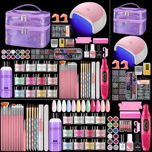 Acrylic Nail Kit for Beginners with Everything: 12 Colors Professional Acrylic Powder Starter Set with Drill UV Light Glitter & Rhinestones in Cosmetic Bag, Ideal Gift for Women Home & Salon (Purple)