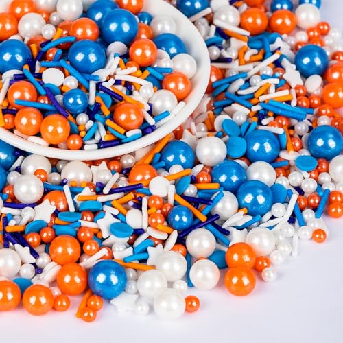 Image of Edible Blue Orange Sprinkles for Cake Decorating,130g White Stars Pearls and Jimmies Mix,Round Sugar Confettis Sprinkle,Cupcake,Cookies,Donut,Basketball Soccer Sports Themed Holiday Dessert Toppings,Birthday Celebration Supplies