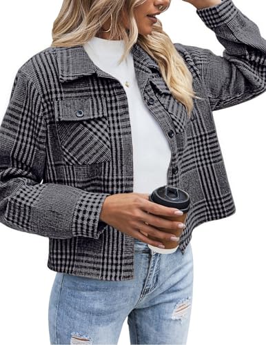 Image of Zeagoo Flannels for Women Cropped Shacket Jacket Fashion Plaid Button Down Shirt 2025 Fall Coat Tops