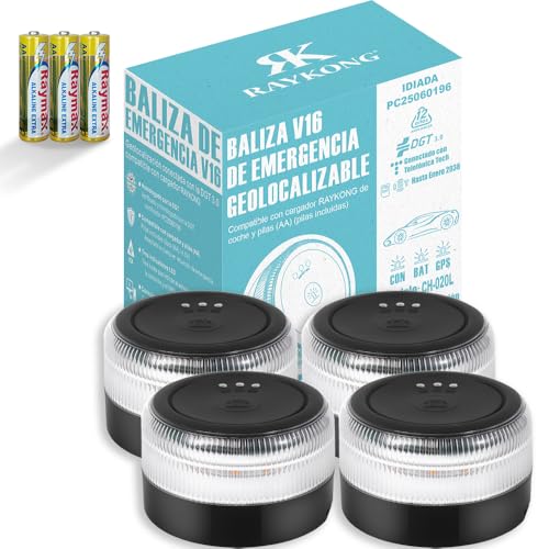 RAYKONG Baliza V16 Geolocalización DGT 3.0 | 2ª Generacion con indicadores LED | Luz Emergencia Coche - Moto Homologado por DGT | SIM y Datos Pagados hasta 2038 | 4 Unidades