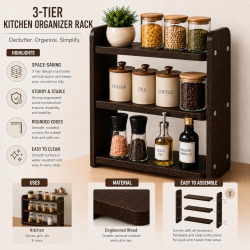 Image of 3-Tier Kitchen Organizer Rack for Countertop, Engineered Wood Spice Rack Shelf, Space Saving Storage Stand for Kitchen, Bathroom & Office, Easy Assembly, Dark Brown