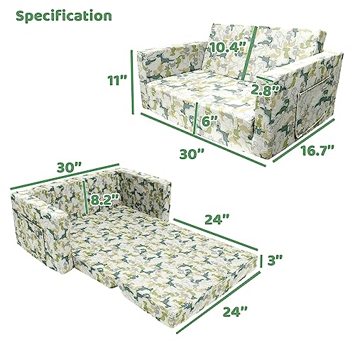 Truwelby Kids Sofa, Children's Extra Wide Convertible Sofa To Lounger - Extra Soft 2 Seats 2 In 1 Flip Open Chair & Sleeper, Cute Dinosaur Print Toddler Chair Kids Couch For Kids Girls Boys #TOP2