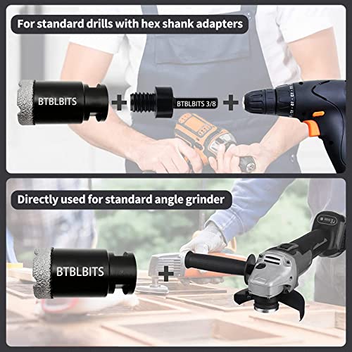Btblbits Dry Diamond Core Drill Bit 1-1/2 Inch Tile Diamond Hole Saw For Angle Grinder Porcelain Ceramic Granite Marble Stone Brick Vacuum Brazed 38Mm With 5/8-11 Thread Plus 3/8 Inch Hex Shank Adapter #TOP2