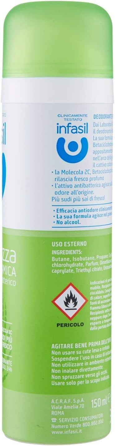 Infasil Deospray für dynamische Frische mit Molekül 2C, ohne Alkohol, wirksam bis zu 24 Stunden, 12x 150 ml + Italian Gourmet polpa 400g