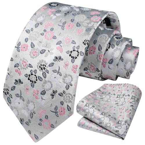 Image of HISDERN Men Floral Ties Woven Classic 3.4 inch Necktie Set Formal Tie Pocket Square for Wedding with Handkerchief Gift Box