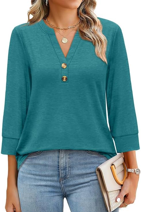 OFEEFAN Womens Tops 3/4 Sleeve Henley Shirts for Women Summer Outfits Fashion Clothing thumbnail