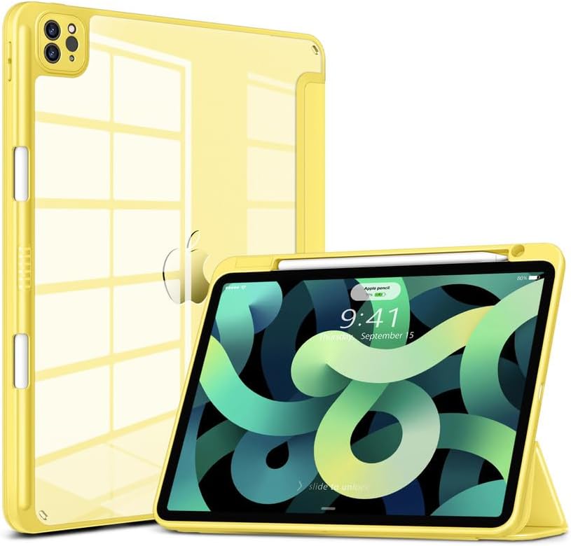 VIKESI DTTOCASE for iPad Pro 11 Inch 4th/3rd/2nd/1st Generation Case, iPad Air 11-inch / 5th / 4th Generation Case with Clear Back,Pencil Holder,Auto Sleep/Wake,Camera Protection,Yellow
