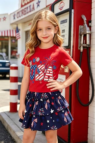 Image of Little Girls Skirt Set - 2 Piece Short Sleeve Top Shirred Tiered Skirt Outfit Girls Spring Summer Clothes 3-8 Years