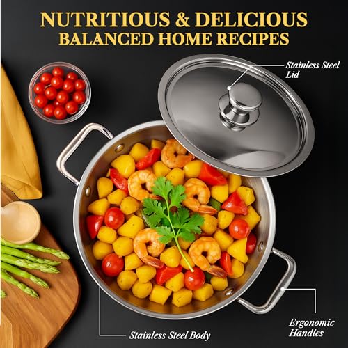 Image of SOLARA Sterra Stainless Steel Kadai /Kadhai with Lid, 22cm /8.6 inch, 2.3Ltr, Induction Base Friendly, 3-Layer Triply Thick Sandwich Bottom, 100% Toxin-Free, No Chemical Coating