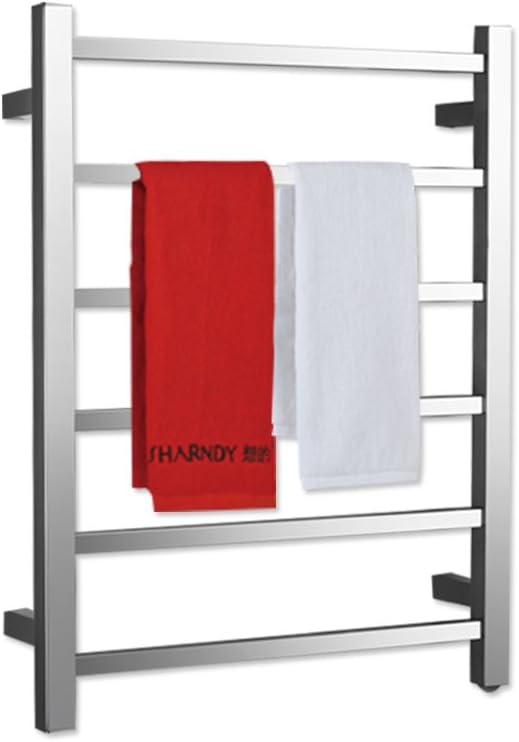 Towel Warmer Polished Chrome for Bathroom Wall Mounted Bath Towel Heater Plug-in Square 6 Bars Drying Rack Stainless Steel Electric Heated Towel Rack ETW13 68W 26.77x20.47x4.13 inches