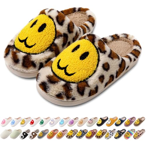 Image of Women's Men's Preppy Happy Face Slippers Comfy Warm Plush Slip-On House Slipper for Winter Indoor Soft Cushion Non-slip Fluffy Slides Slippers