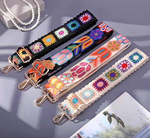Image of Wide Purse straps Crochet Flower replacement crossbody for Handbag Adjustable Embroidery Knit Guitar Shoulder strap