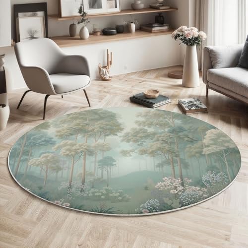 Tapis rond forêt de fleurs brumeuses 100 cm antidérapant lavable en machine