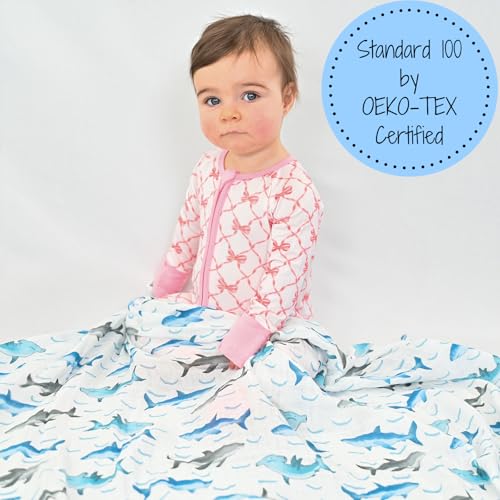 Image of LollyBanks Baby Blanket for Boys, 100% Cotton Muslin Swaddle Blankets, 47 x 47 Inches Soft and Breathable Receiving Blankets, Cozy Newborn Swaddle, Baby Essentials, Registry (Shark Print)