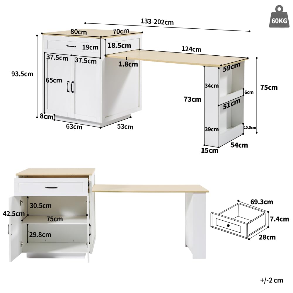 Sapgaks Table de Bar Extensible avec Espace de Rangement (133-202 × 70 × 93,5 cm),Table à Manger Extensible,îlot de Cuisine pour 2 à 6 Personnes, Chariot de Cuisine avec étagères latérales, Blanc