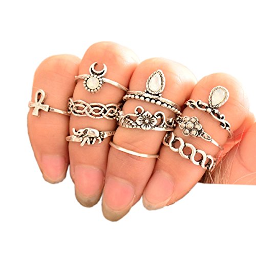 SUNSCSC Vintage Retro Silver Plated Elephant Moon Crystal Joint Knuckle Nail Ring Set of 10pcs (Silver)