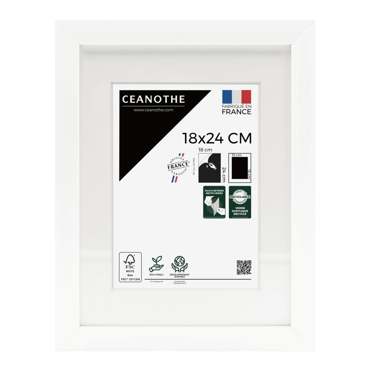 Ceanothe Cadre Photo 18x24 cm en Bois FSC Blanc Passe-​partout 13x18 cm - Convient au A5 Design Effet Caisse Collection MILAN Verre acrylique Incassable Fabriqué en France