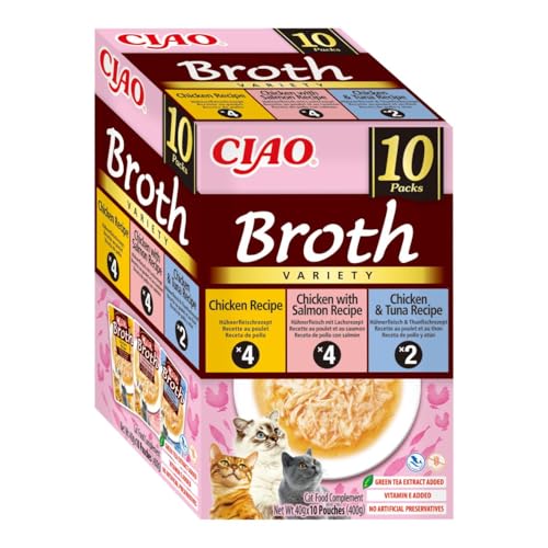 INABA Ciao Broth Gatos - Receta Saludable de Caldo de Pollo, 3 Sabores Diferentes - Comida Húmeda con Tiras de Pollo, Salmón y Atún - Natural, sin Cereales - 400g (10 Sobres x 40g)