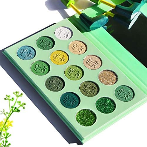 Green Eyeshadow Palette Matte and Glitter,Afflano Highly Pigmented Makeup Palettes Eye shadow Yellow 15 Colours,Bright Creme Shimmer Metallic Sparkle Travel Vegan Cruelty Free Eyeshadow Make up Pallet