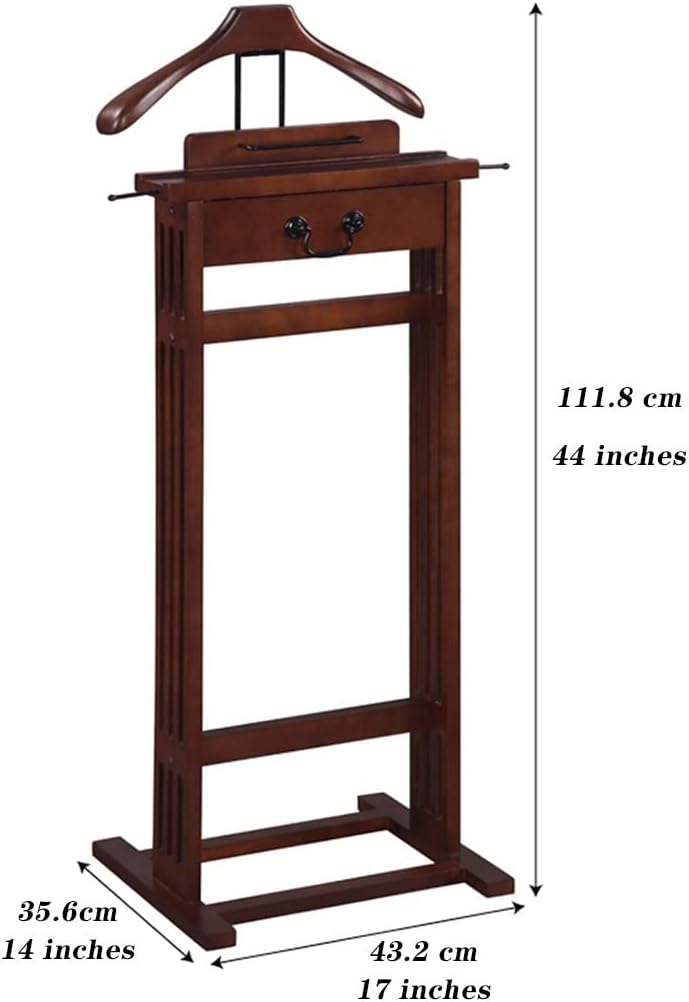 Deluxe Suit Valet Stand with Top Tray, Slide Out Tray, Contour Hanger, Trouser Bar, Tie & Belt Hooks and Shoe Rack, Brown-35.6 * 43.2 * 111.8cm