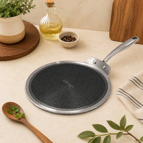 Image of Vinod SAS Pro Platinum Triply Stainless Steel Flat Multi Tawa 28 cm | 4 mm Thick | Hexa Shield Design Stick-Resistant Surface | Metal Spatula Safe | Induction Compatible | Ideal for Roti, Chilla, Dosa
