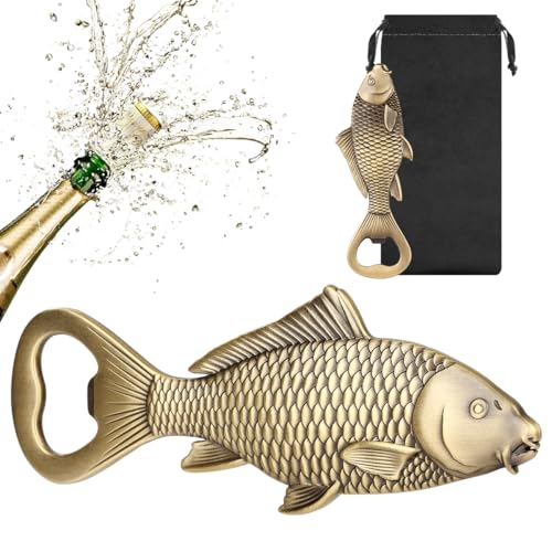 LULLEA Carp Beer Bottle Opener, Fishing Gifts for Fisherman, Carp Fish Decoration, Birthday Fathers Day Christmas Gifts for Men Women Dad Fisherman, Bronze Beer Accessories with Gift Bag