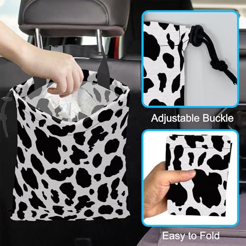 Image of Car Trash Bag Cow Texture Car Garbage Bag Hanging Car Trash Can for Back Seat with Drawstring, Waterproof Garbage Bags for Accessories Vehicle Travelling Camping Outdoor