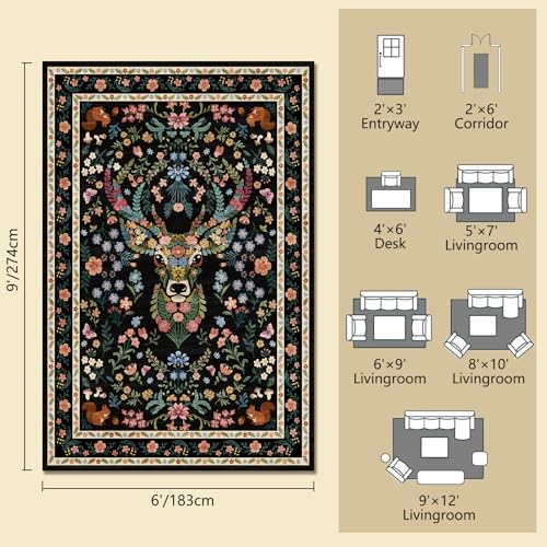 Image of Area Rug Vintage Floral Deer Pattern 6x9 - Bohemian Forest Animal Carpet with Squirrel & Butterfly, Soft Decorative Area Rug for Living Room Bedroom Home Decor