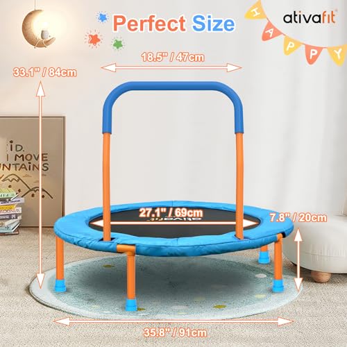 Ativafit 36inch Mini Toddler Trampoline for Kids Ages 2-6 Indoor Outdoor Folding Small Rebounder Trampoline with Foam Handle Safety Padded Cover Fun for Kids