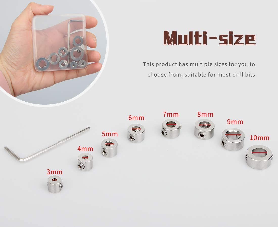 8 Pieces Colliers De Butée De Profondeur, Butées De Profondeur De Foret, Anneau De Positionnement Des Butées De Forage Avec Clé Hexagonale, Foret Profondeur Butée 3-16 Mm