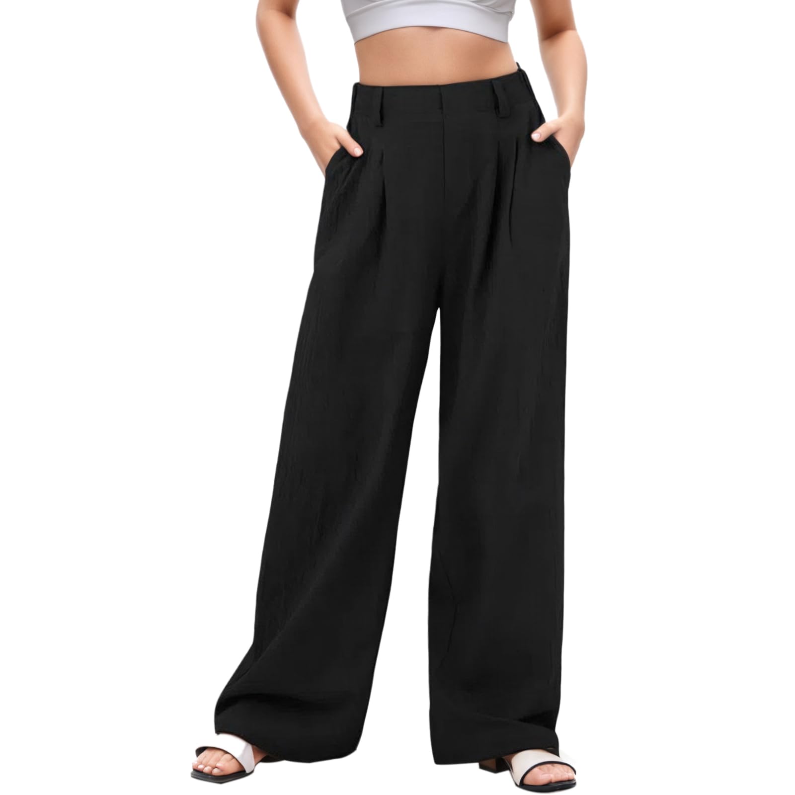 Pantalon Fluide Femme Eté Taille Haute Léger Pantalon à Jambe Large Chic et Elegant Elastique Ample Décontractée Travail Droit Pants Longueur avec Poches