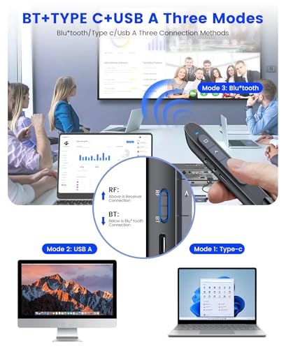 Image of Wireless Presenter with Red Light, 2.4G USB & Bluetooth Presentation Clicker, Rechargeable via Type-C, 165ft Range, Compatible with PowerPoint /Keynote for Windows /Mac /Linux /Android (Black)